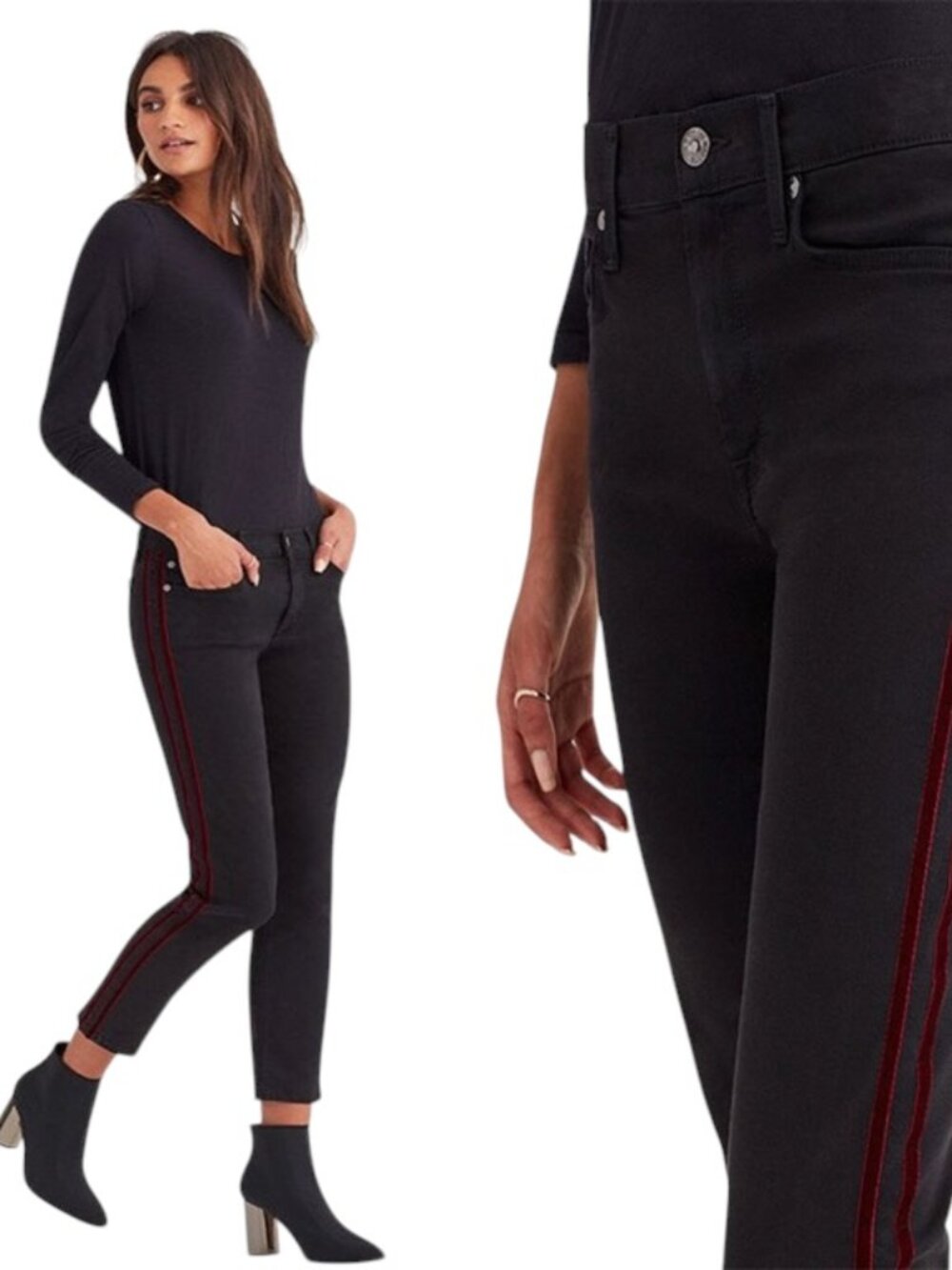 7 For All Mankind B(air) Denim, Black Skinny Jeans, Velvet Stripes, Size 32W, EU